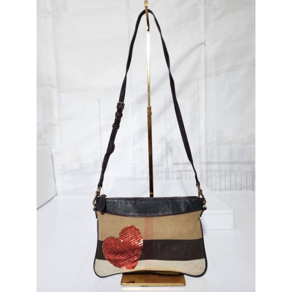 Authentic Burberry House Check Canvas and Leather Peyton Crossbody Bag Black